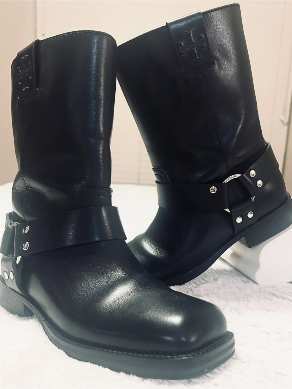 Tory Burch Black Double T Leather Moto Harness Boots Size 9